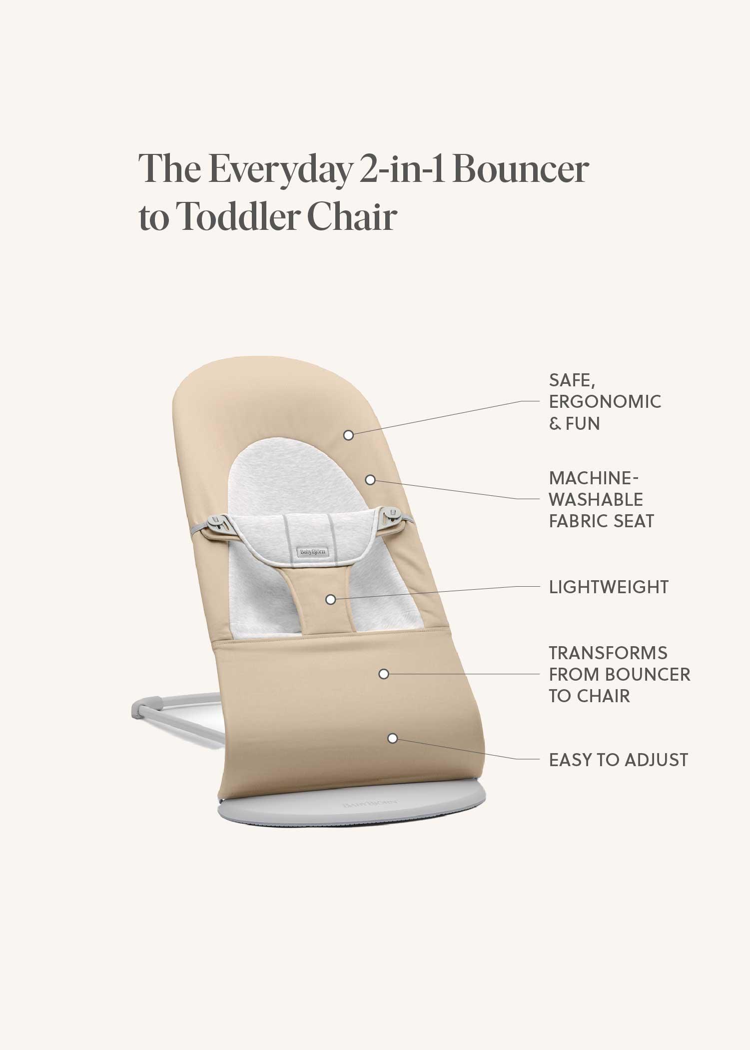 Tan 2-in-1 bouncer to toddler chair with features labeled: ergonomic, machine-washable, lightweight, transforms, and easy to adjust.